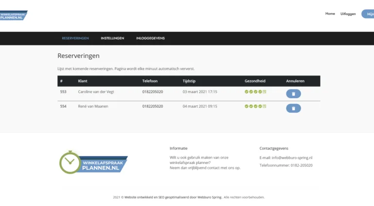 Reserveringen Winkel Afspraak Plannen