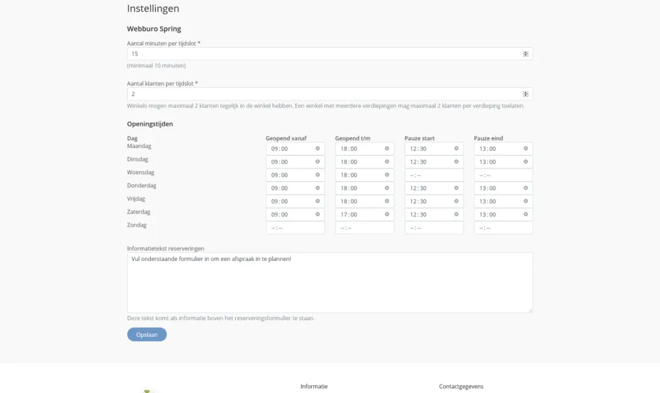 Instellingen Winkel Afspraak Plannen